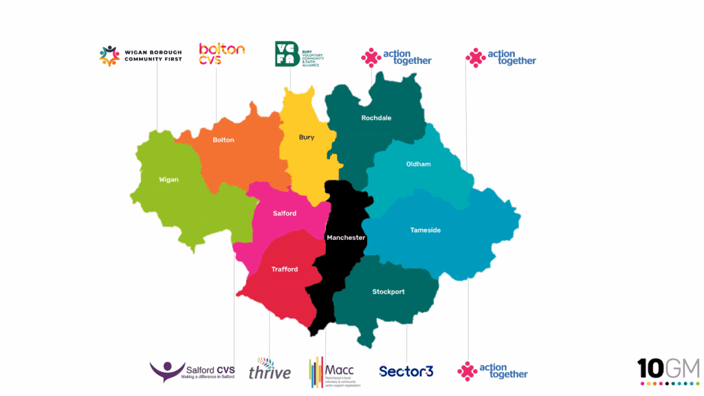 Map of Greater Manchester with LIO logos