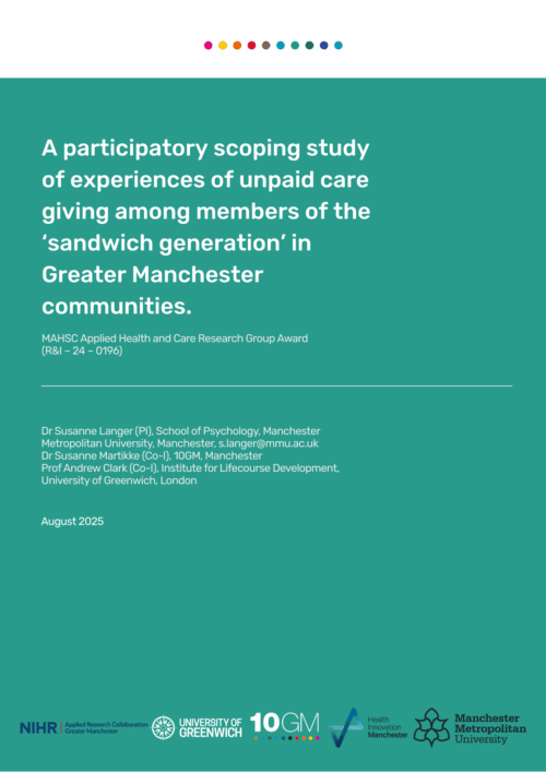 Image reads A participatory scoping study of experiences of unpaid care giving among members of the &lsquo;sandwich generation&rsquo; in Greater Manchester communities.