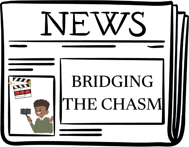A cartoon-style illustration of a newspaper with the headline &ldquo;BRIDGING THE CHASM.&rdquo; In one corner, a community reporter holds a microphone and camera equipment. The image uses simple black-and-white newspaper graphics with coloured elements to represent journalism, storytelling and community reporting.